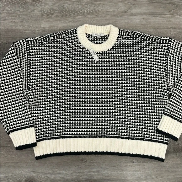Madewell Textured-Stitch Crewneck Sweater 100% Cotton in Ivory And Black Stripe - Picture 2 of 13